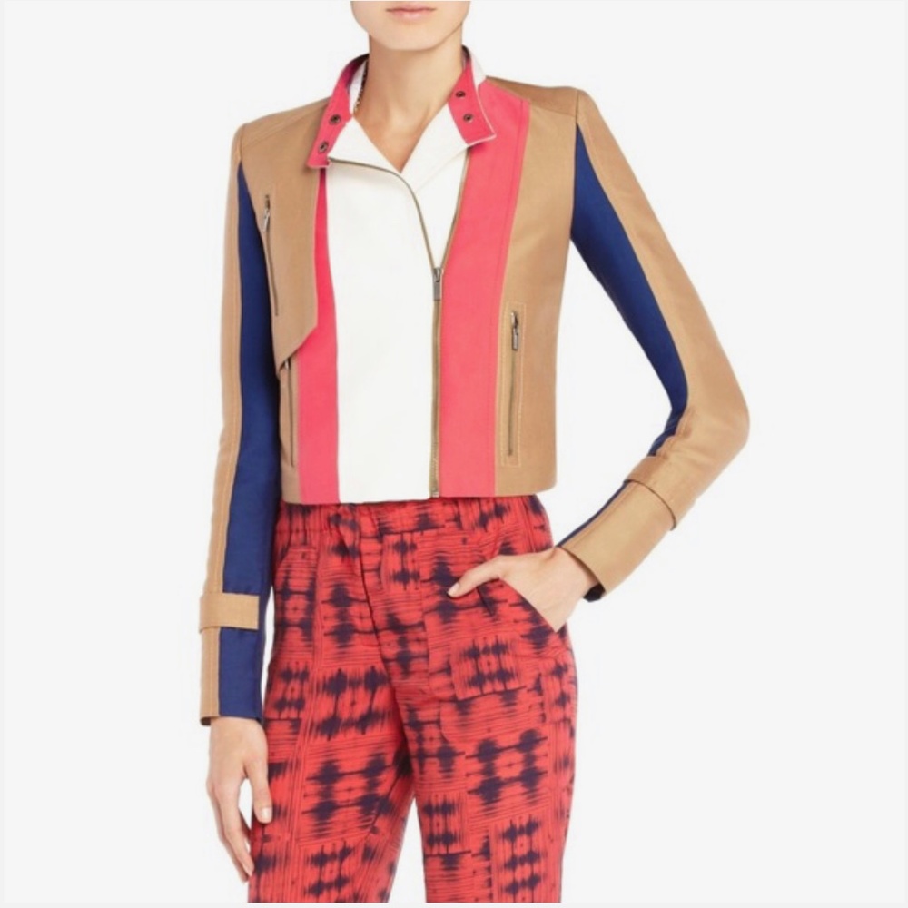 BCBGMAXAZRIA DIXON COLORBLOCK MOTO ORANGE BLUE TAN